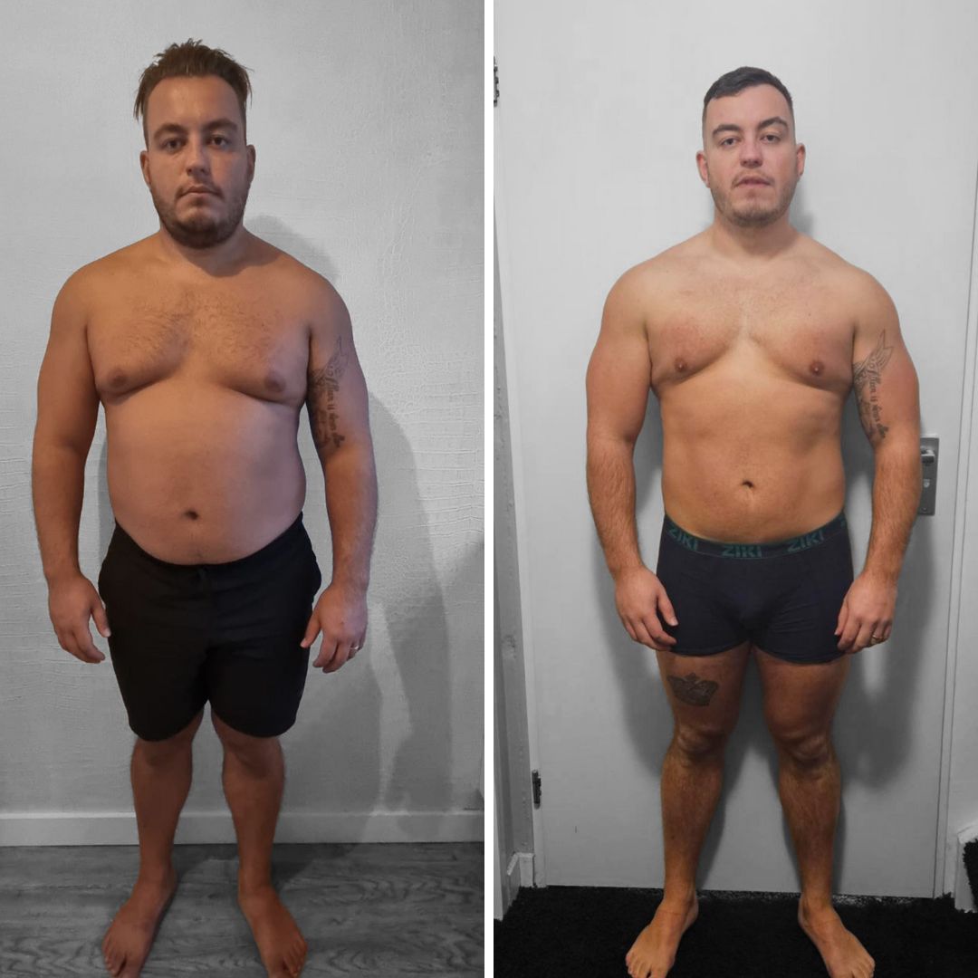 Vorher- und Nachher-Foto eines Mannes mit muskulöserem und schlankerem Körperbau auf der rechten Seite.