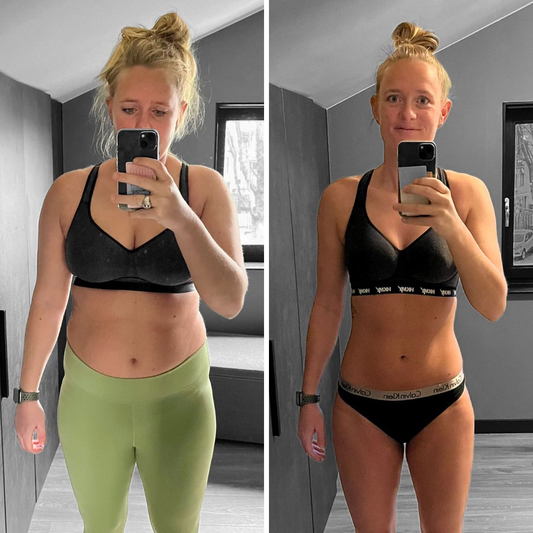 Vorher-Nachher-Foto einer Frau mit Dutt, die sich im Spiegel fotografiert; links trägt sie einen schwarzen Sport-BH und grüne Leggings, rechts einen schwarzen Sport-BH und schwarze Calvin Klein Unterwäsche.