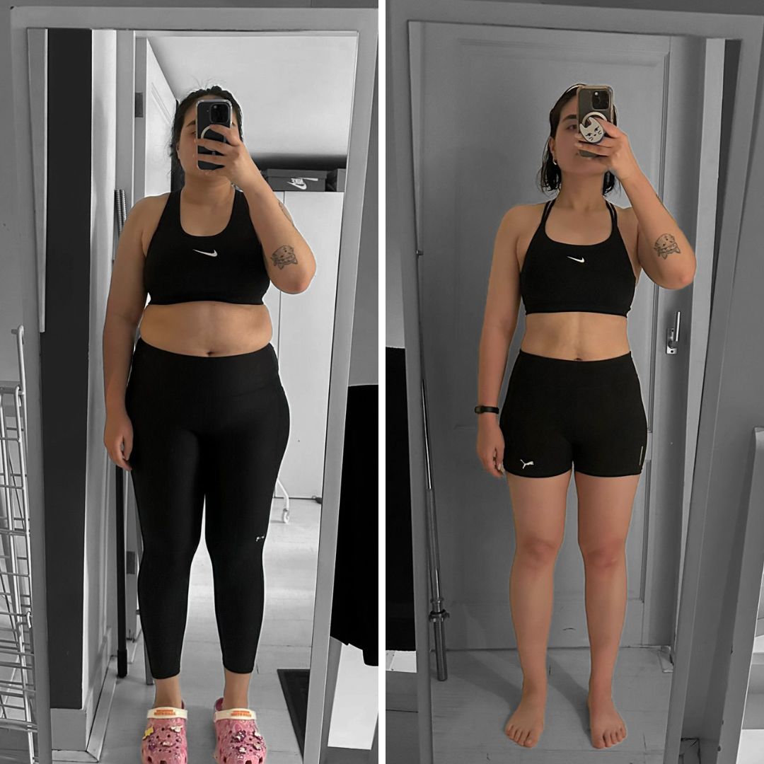 Vorher-Nachher-Spiegelselfies einer Frau in Sportbekleidung, mit sichtbarem Gewichtsverlust.